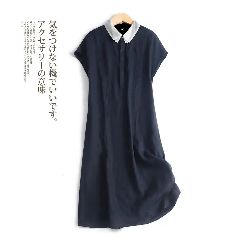 قميص بياقة أطفال على طراز الغابة فستان طويل من القطن والكتان بأكمام قصيرة