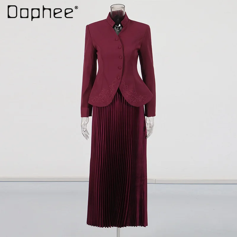 

Элегантный французский костюм для женщин, элитный винтажный тонкий жакет с вышивкой и воротником-стойкой, плиссированная юбка с высокой талией, комплекты из двух предметов