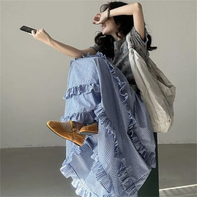 Korean Fashion Vintage Blue Plaid Multilayer Ruffles Maxi Cake Skirt High Waist A-line Loose Casual Pleated Long Skirt for Women