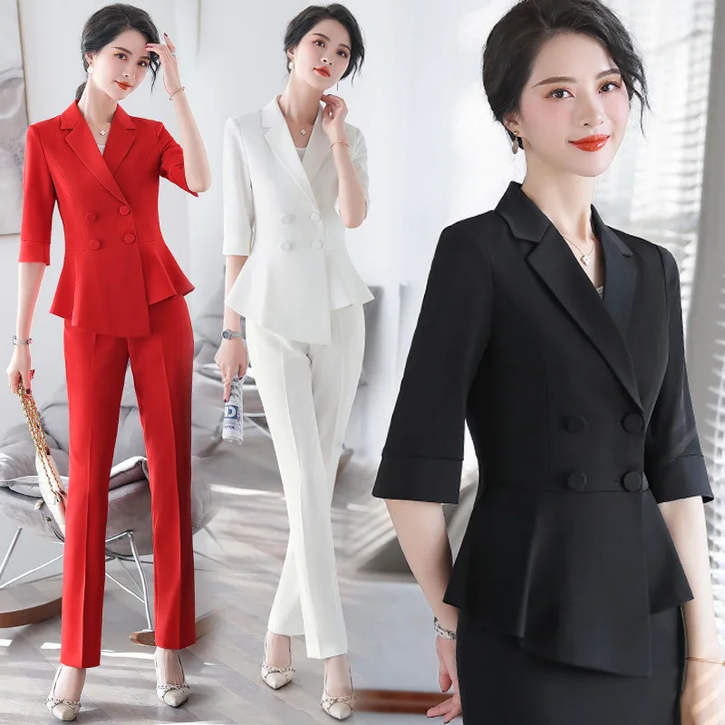 

Mid-sleeve blazer suit, trendy white formal suit, beauty consultant work uniform, two-piece professional suit for women
