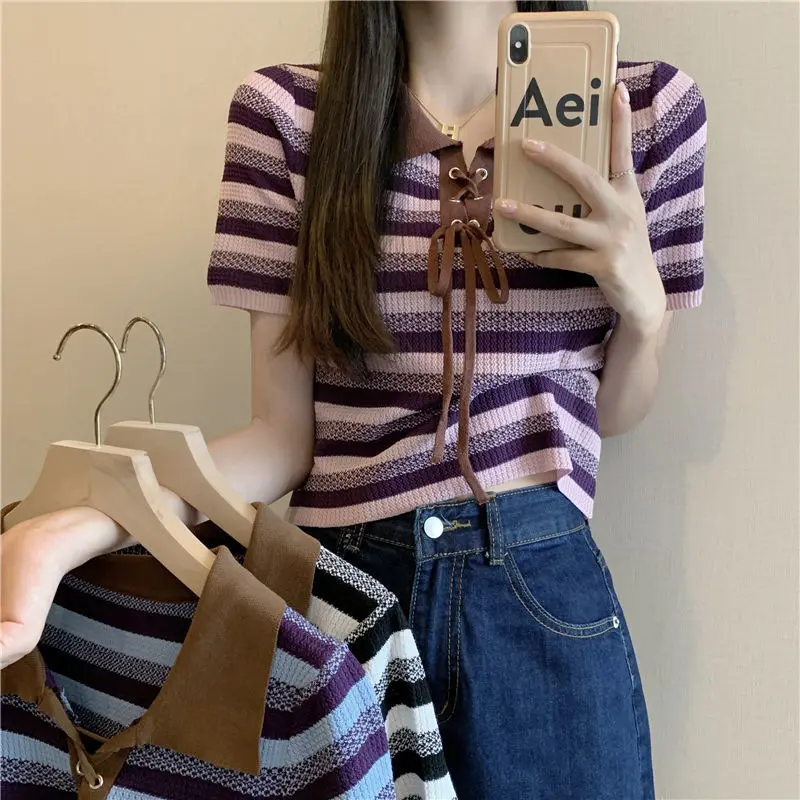 

Korean Striped Short Sleeve T-shirt Women's Summer Versatile Design Sense Lace Up Polo Neck Knit Short Top