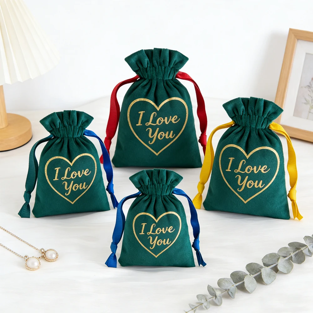 

100 шт. зеленых бархатных мешочков 10x15 см с индивидуальным логотипом, на завязках, для упаковки ювелирных изделий, ожерелий, колец, подарков, косметики, парфюмерии