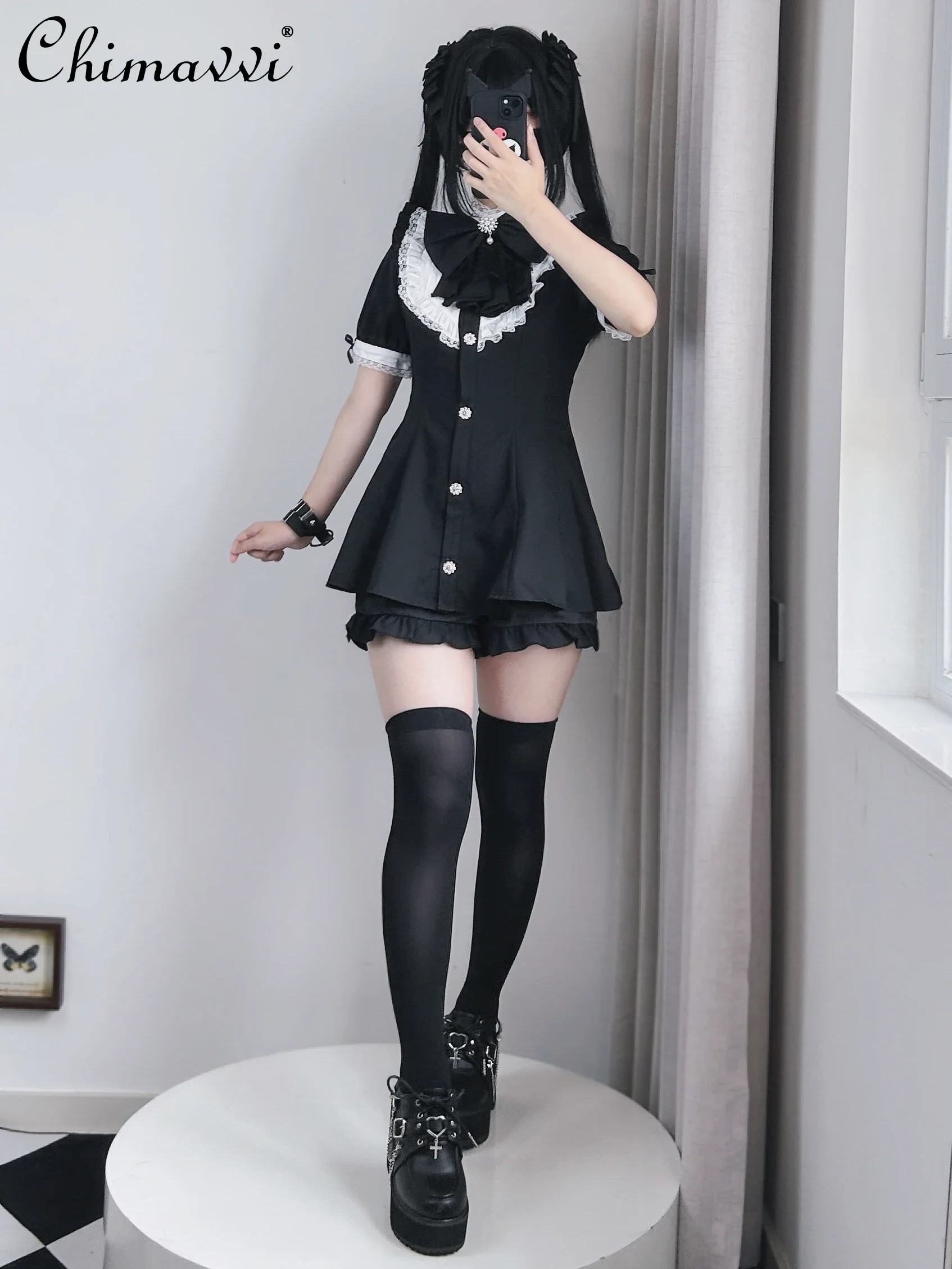 Original Japanese Style Mass-produced Big Bow Lolita Lace Short Sleeve/long Sleeve Shirt Dress Shorts 2 Peice Set Women Outfits