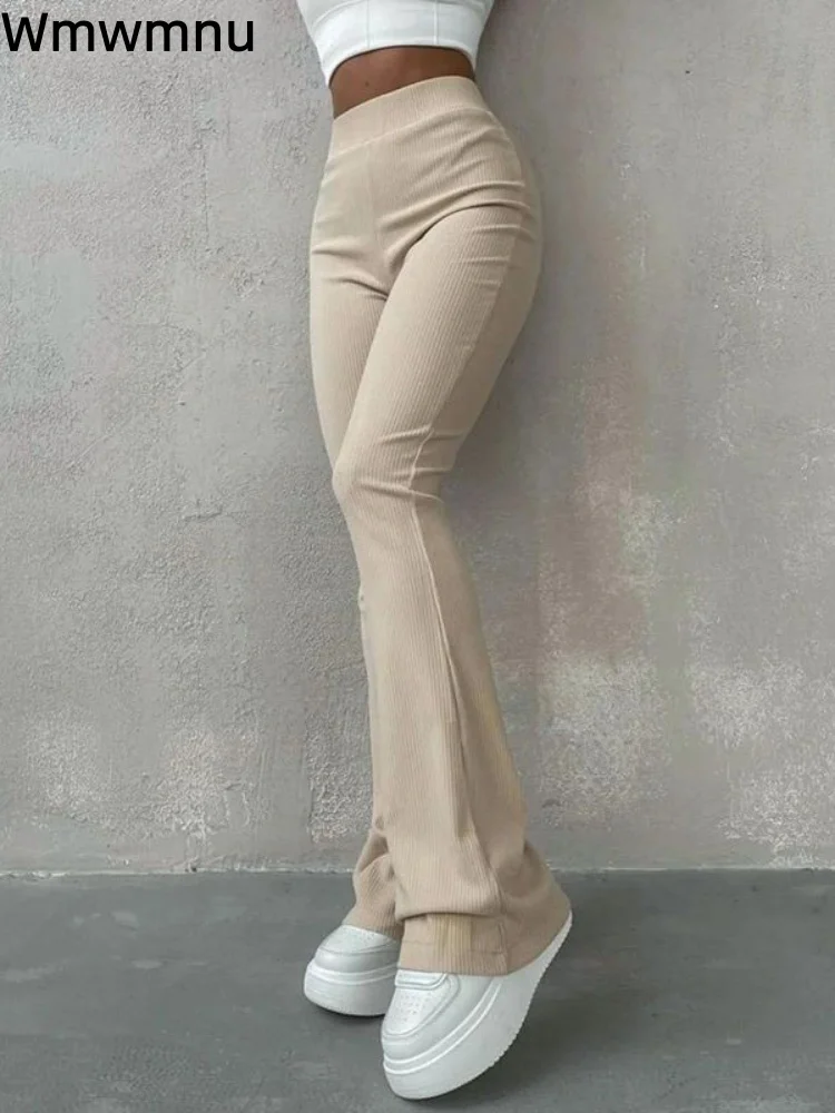 Elastic High Waisted Strench Knitted Pants Slim Korean Fashion Wide Leg Pantalones Straight Sweat Bootcut Trousers Hosen