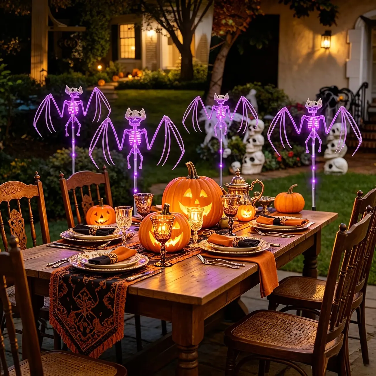 Halloween Decorations Outdoor Solar Garden Lights 2PC 3D Scary Bats Skeleton Waterproof Purple Orange LED Lights for Yard Party