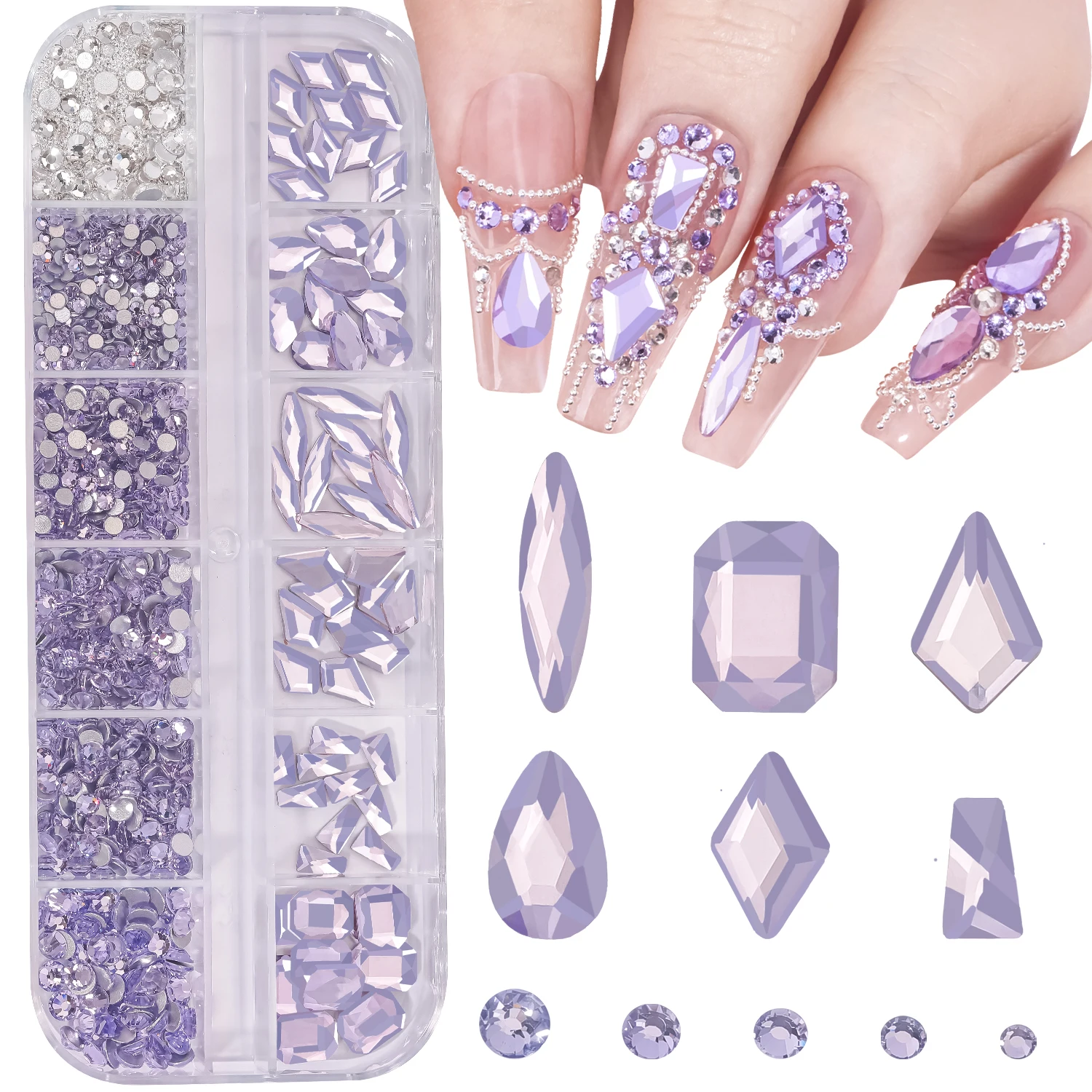 Nail Art Rhinestones Crystal Charms Set Gem Stone Light Purple Flatback Glass Mixed Size Nail Charms For DIY Nail Decoration