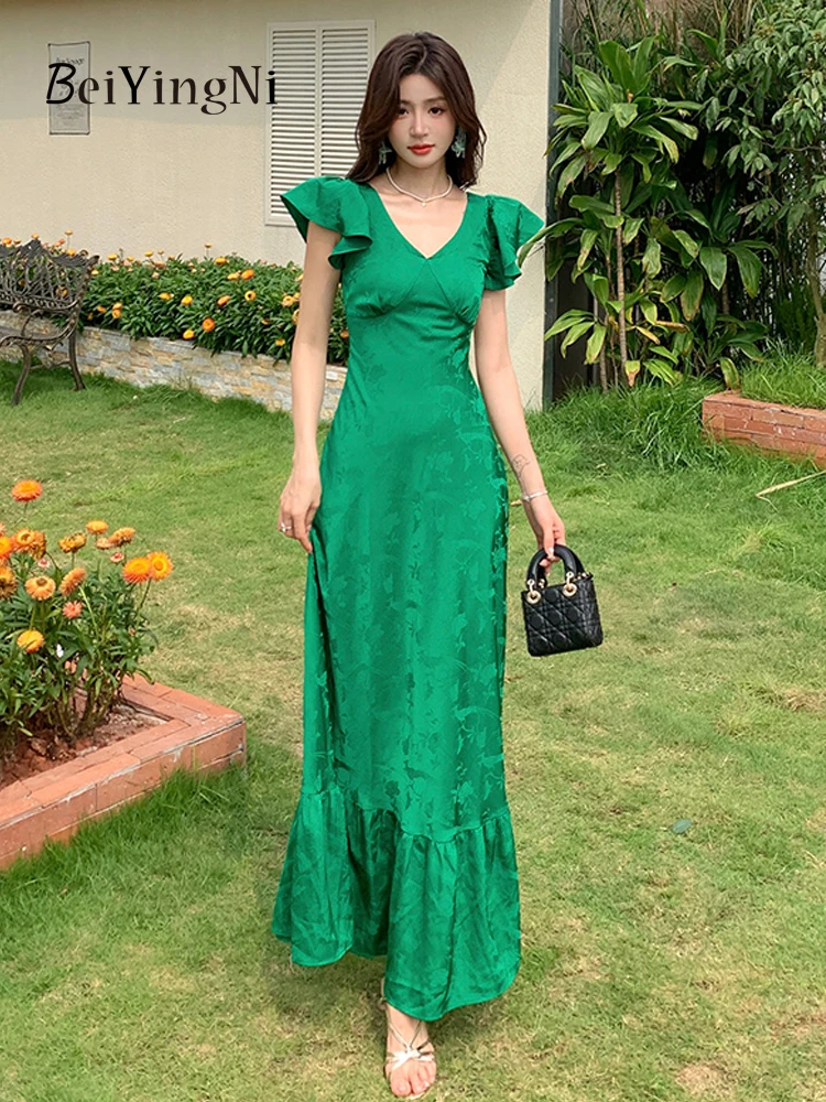 Beiyingni Elegant French Party Dresses Women Green Ruffles Patchwork Satin Jacquard V-neck Long Maxi Dress Vintage Slim Vestidos