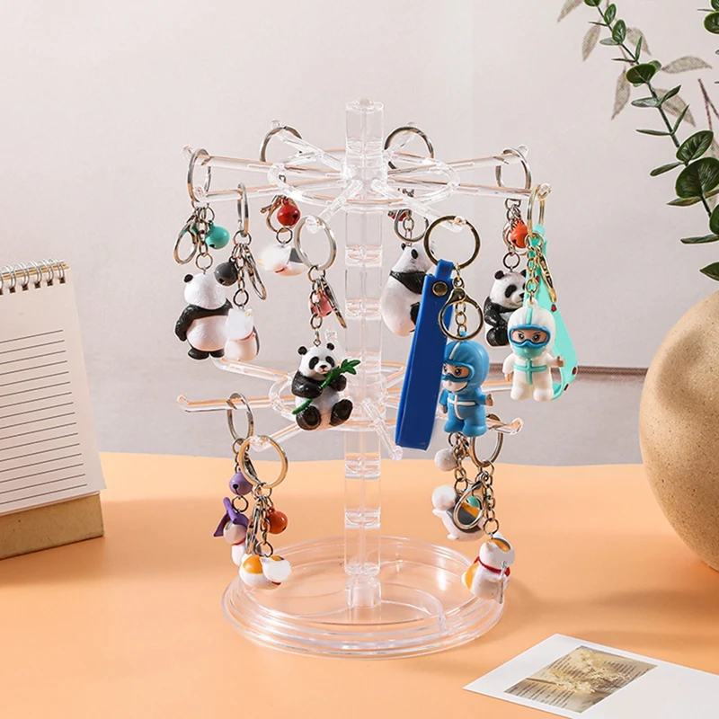 Countertop Acrylic Rotating Keychain Rack Adjustable 2 Tire Spinner Display Holder Trinkets Jewelry Organizer Stand