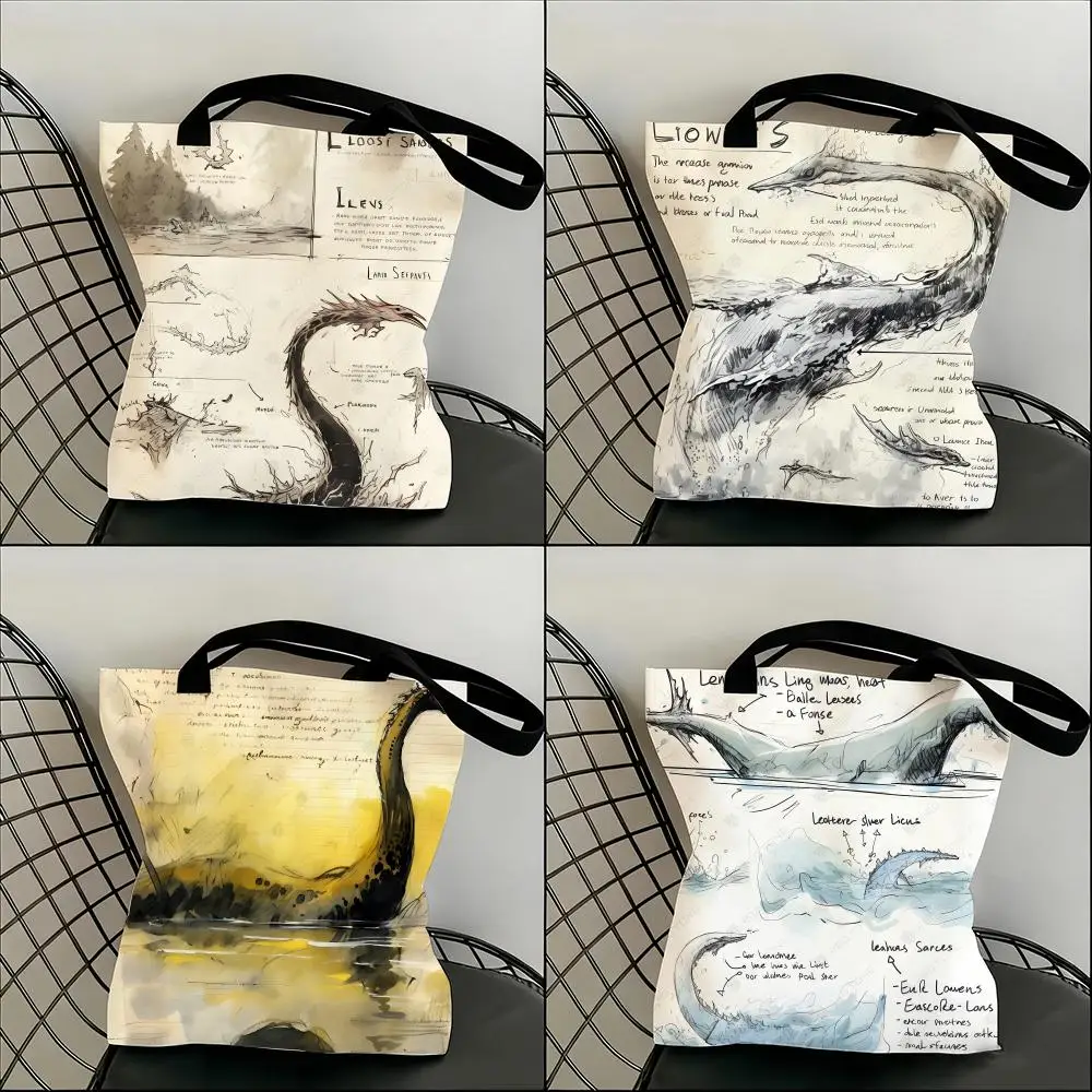 

Retro Monster Newspapers Art Storage Bags Lightweight Canvas Shoulder Shopper Fashionable Eco Multi Use Tote with Large Capacit