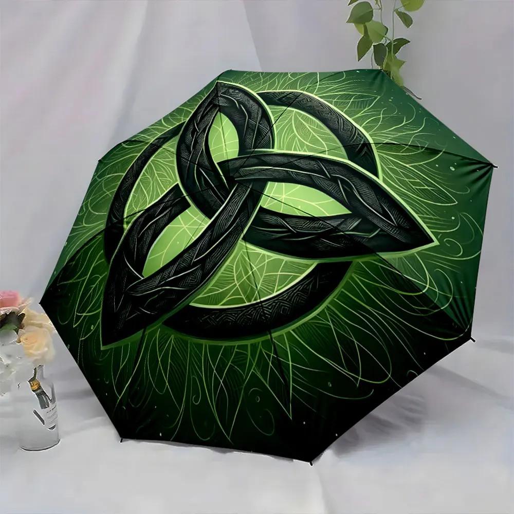 1PC Celtic Knot Umbrella Design: Enchanting Green Aesthetic Print 8 Iron Ribs Folding Umbrella Auto-Open Fashion Sunshade