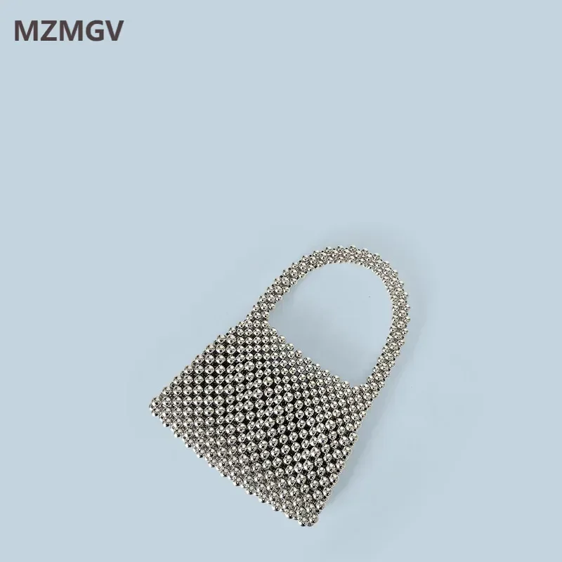 

Fashion Metallic Silver Acrylic Beaded Handbag Handmade Shiny Evening Clutch Purse Wedding Party Small Lipstick Phone Bag 2025