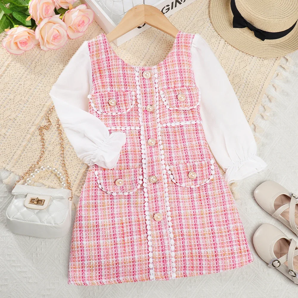 Menoea Girls' Dress 2023 Autumn New Girls' Round Neck Plaid Lace Button Long Sleeve Dress Girls' Fashion Patchwork Dress