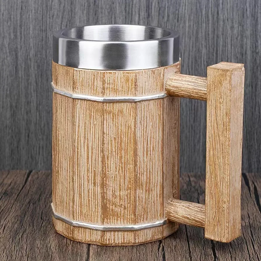 Medieval Tavern Wood Imitation Barrel Tankard Beer Mug Coffee Cup Christmas Gift Wood Grain Beer Mug 304 Stainless Steel