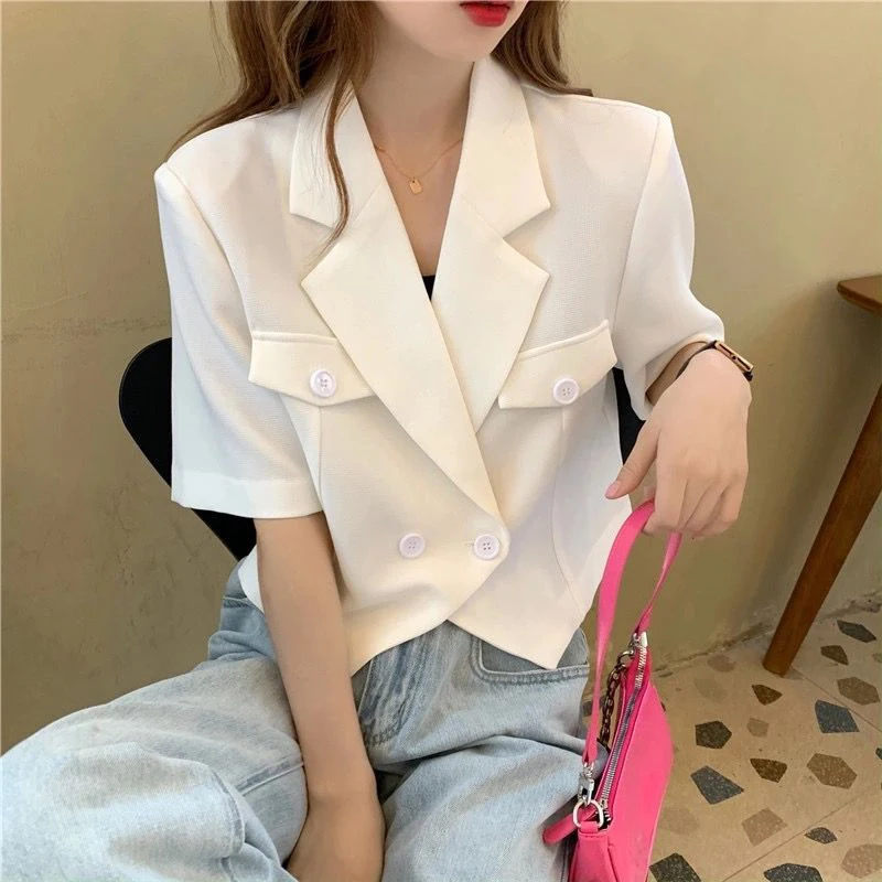 White Short Sleeve Blazer Jacket Ladies 2024 Summer Thin Buttons Notched Collar Suit Coat Women Wild Cropped Outwear Tops Woman