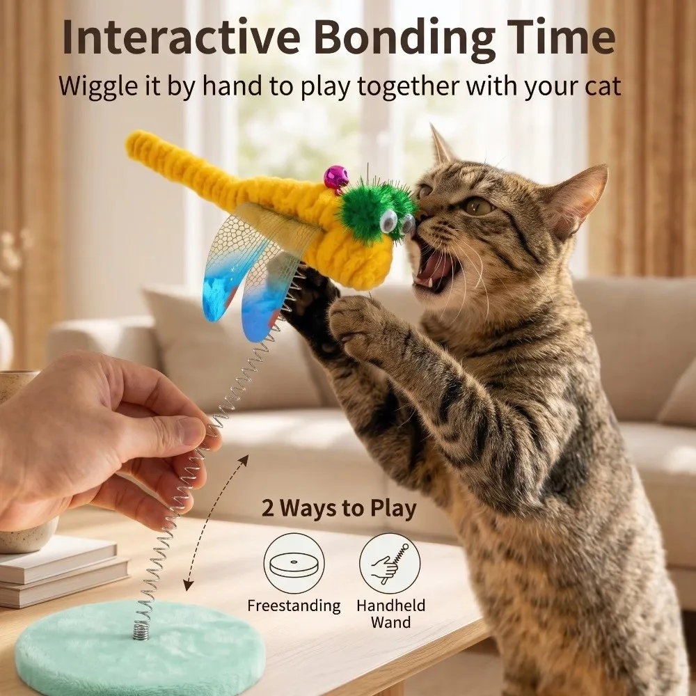 Dragonfly Design Cat Spring Toy Scratch Resistant Googly Eyes Interactive Cat Toy Wobble Bounce with Bell Cat Teaser Toy
