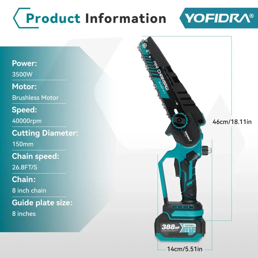 YOFIDRA 8 Inch Brushless Electric Chainsaw Cordless Rechargeable Garden Woodworking Cutting Power Tools For Makita 18V Battery