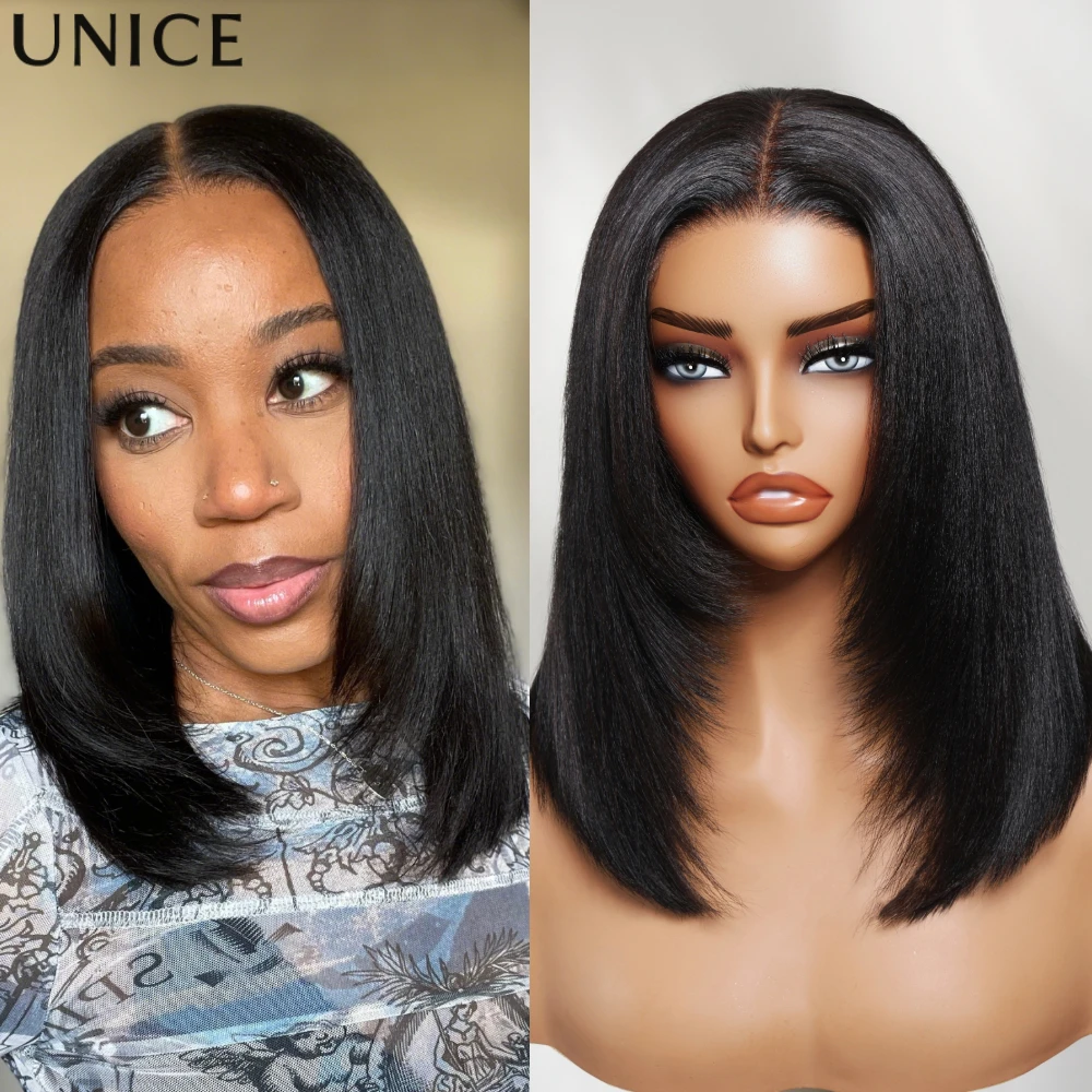 

UNice No-Slip Drawstring Cap 7x5 Lace Yaki Straight Bob Wig Human Hair With Face-framing Layers