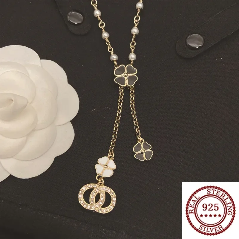 

2025 New Trendy DIY Pure Silver Enamel Clover Necklace For Women's High End, Tassel Collar Chain, Versatile Neck Chain