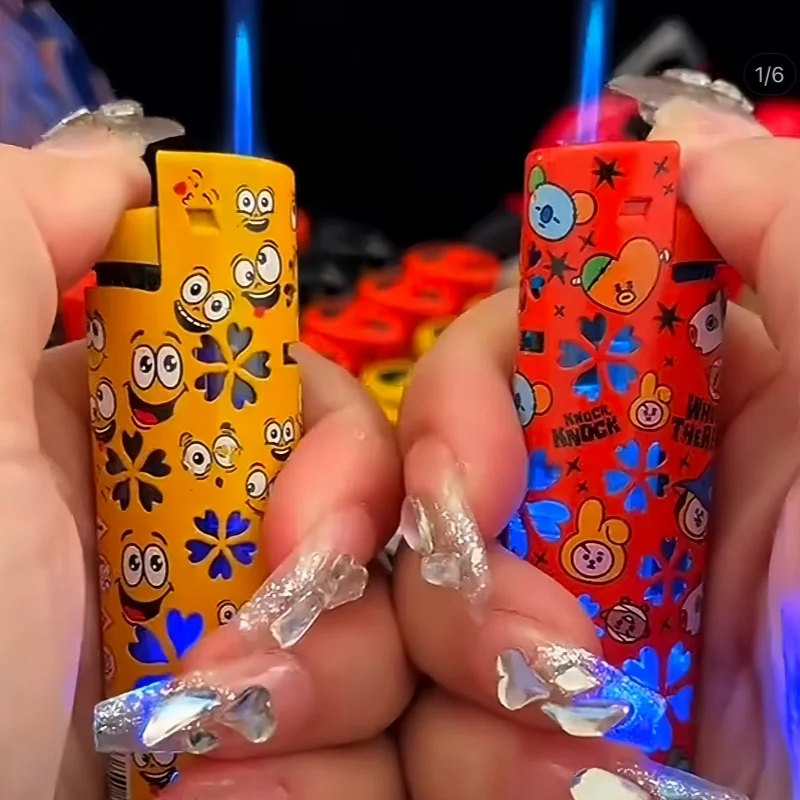 

New Cute Pattern Colorful Inflatable Lighter Metal Windproof Blue Flame Direct Spray Portable Lighter Cigarette Accessories