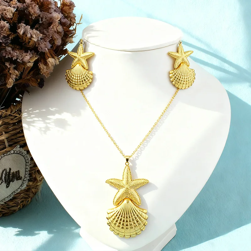 

Dubai African Gold Plated Luxury Large Star Necklace Earrings Set Pendant Women's Jewelry Gifts Party Wedding Beach Accessories