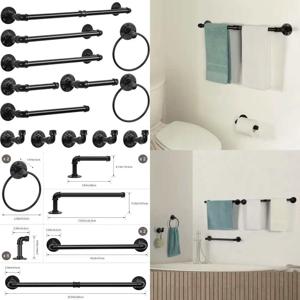 

Industrial Style Black 13-Piece Towel Bar Set with Bath Rack and Toilet Accessories