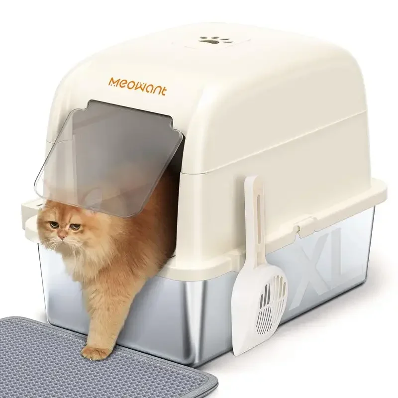 Meowant LB02 Stainless Steel Cat Litter Box - Open Top with Lid - Extra Large 3-in-1 Enclosed