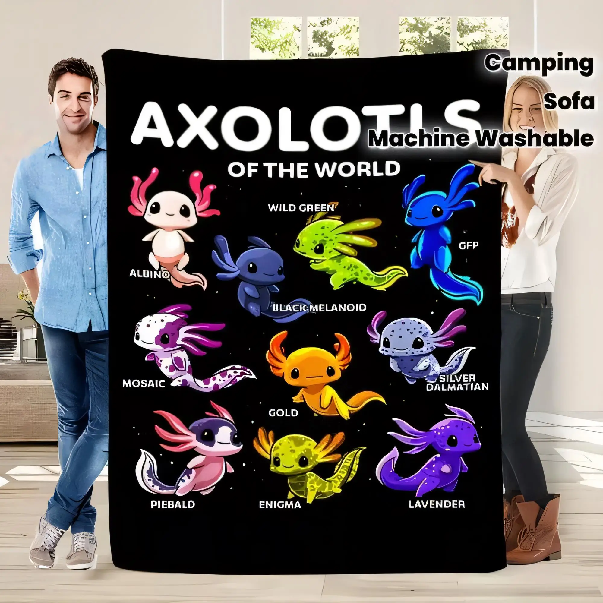 Decke „Axolotls of the World“, schwarz, weicher Plüsch, Sofaüberwurf, buntes Design, einzigartige Axolotl-Charaktere, maschinenwaschbar, perfekt für