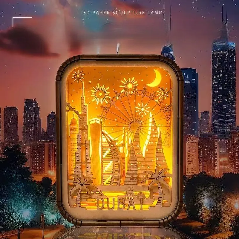 3D Stereoscopic Wooden Carved Lamp - International City Series, LED Night Light with Paris/London/New York Home Decoratioan