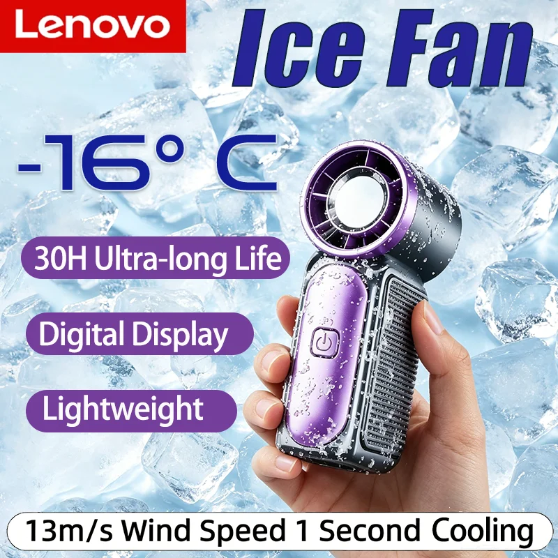 Lenovo  Digital Display Desktop Fan Portable Handheld Mini Ice Fan 5 Speed Adjust Type c Rechargeable Fan Outdoor