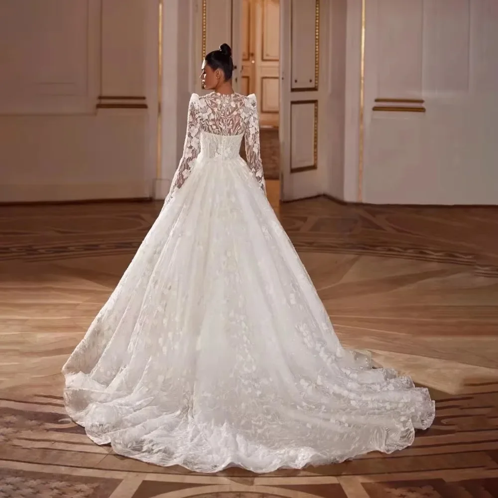 Flavinke مخصص يزين الدانتيل الكرة ثوب الزفاف فساتين رومانسية الخامس الرقبة طويلة الأكمام الأميرة فستان زفاف Vestido de novia