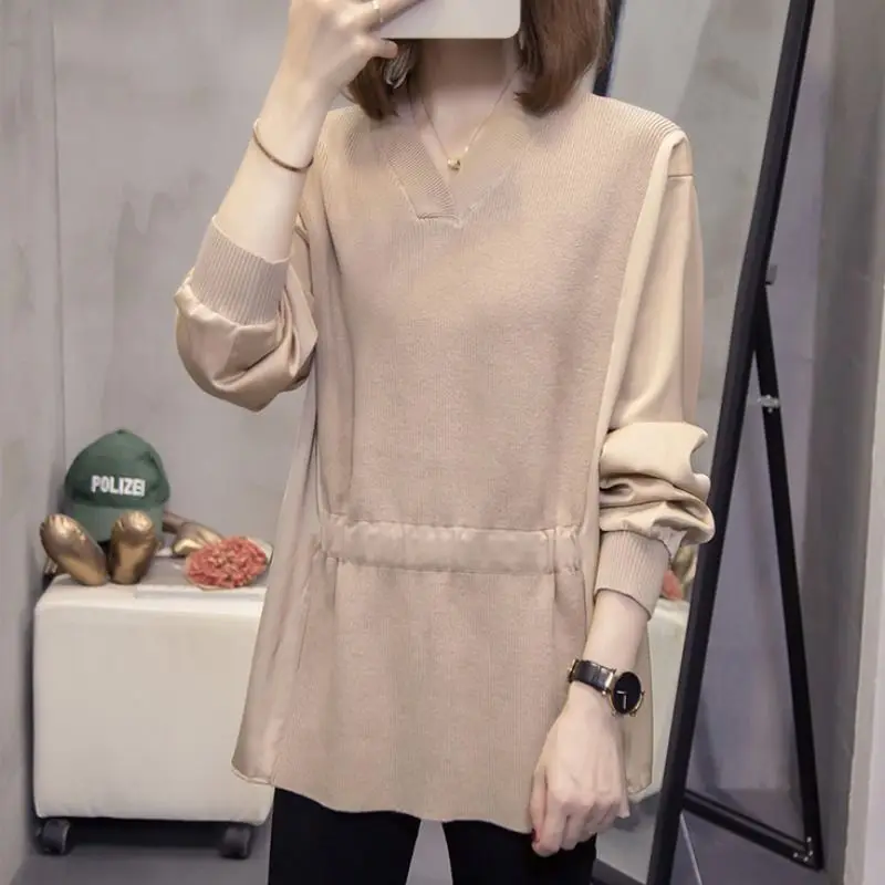 Fashion Loose Fake Two Piece T Shirt Tops Spring Autumn New Chiffon Patchwork Knitted Pullovers Vintage Elegant Women Clothing