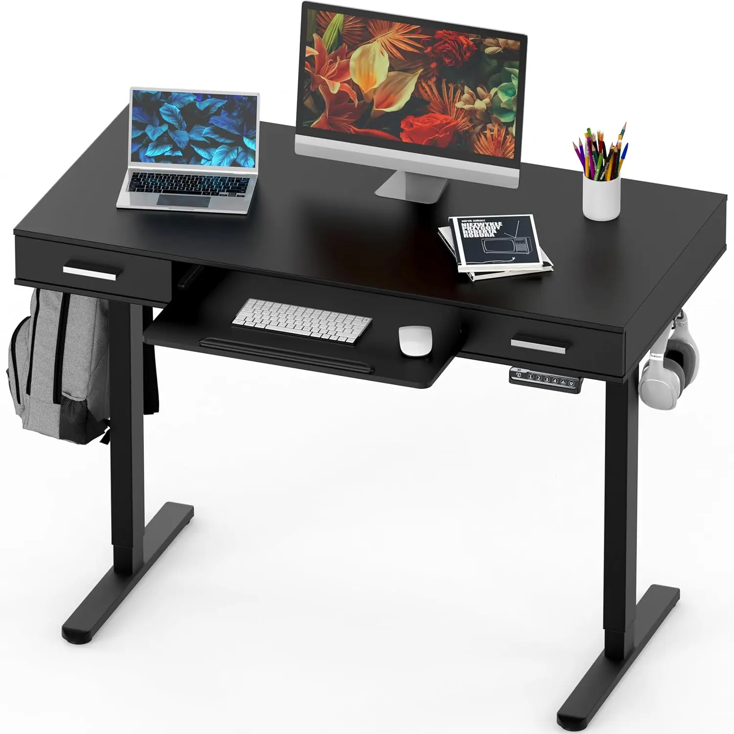 48 Inch Electric Height Adjustable Desk with Keyboard Tray and Two Drawers Black Dual Sliding Drawers Electric Lift System