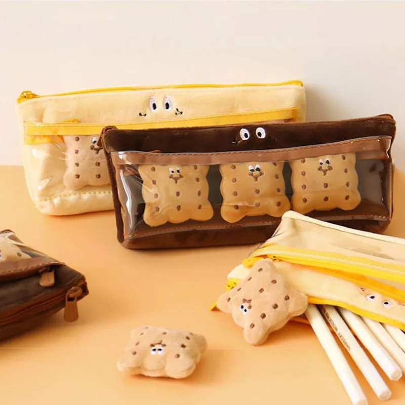 Korea Cute Plush Biscuits Girls Heart Male Female Pencil Bag Funny Pencil Cases Student Stationery Supplies Large Capacity Pouch