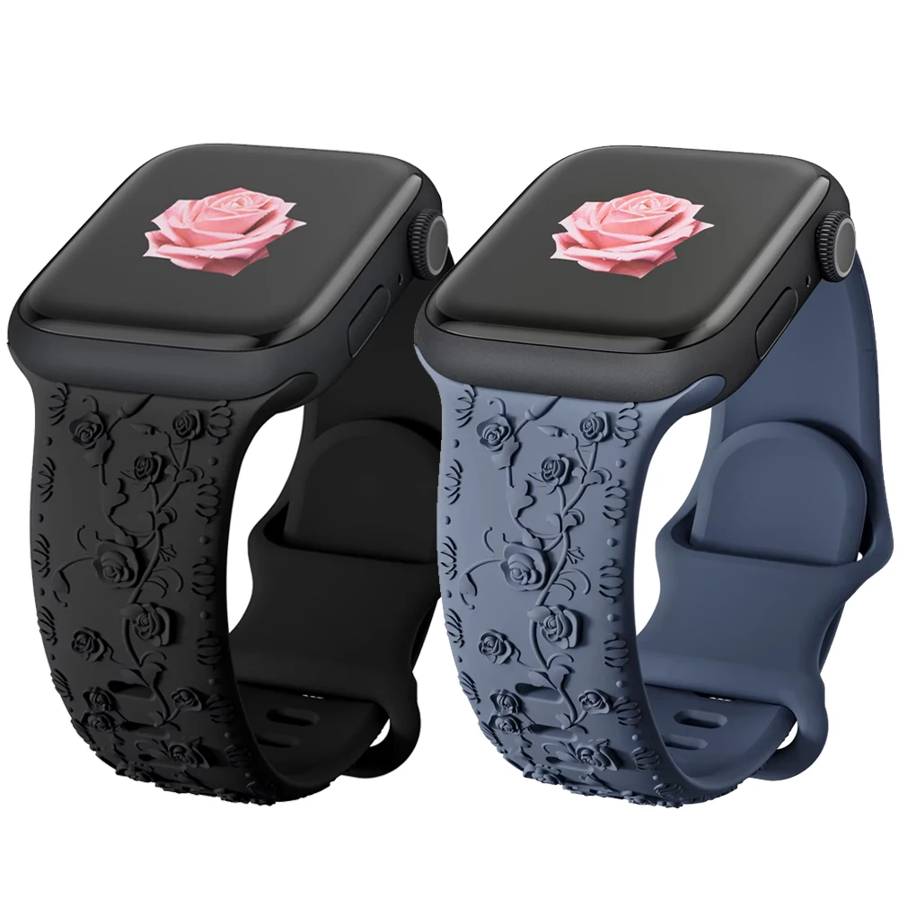 

Floral Engraved Straps for Apple Watch Band 44mm 40mm 45mm 41mm 49mm 42 46mm Silicone Band iWatch Series 8 7 3 9 ultra 2 SE 10