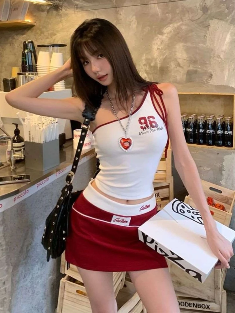 

Summer Korean Fashion Slim 2-piece Set Women High Street Y2k Sleeveless Suit Solid Sling Top + Chic High Waist Thin Skirt Sets