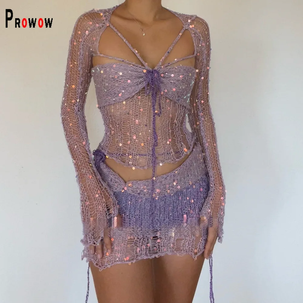 

Sexy Women Clothes Solid Color Knitted Sequined Y2k Style Female Clothing Set 2024 New Design Birthday Party Club Wear Suits