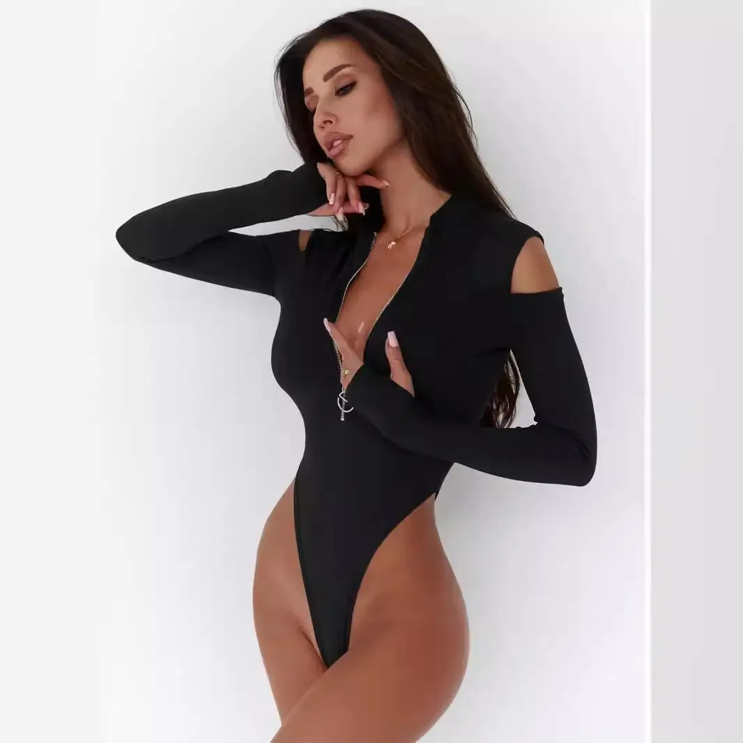 

Women's Off-Shoulder Tight Zipper Long Sleeve under Shirt High Waist Thin Polyester Fiber Spring Season Ladies' Underwear