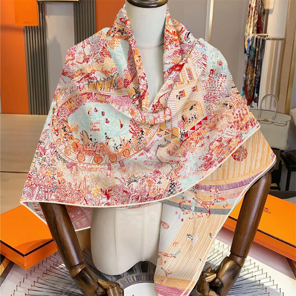 135CM Cashmere Scarf Women Manual Hand Rolled Shawls Sea City Square Scarves Wrap Bandana Luxury Brand Hijab Female Foulards