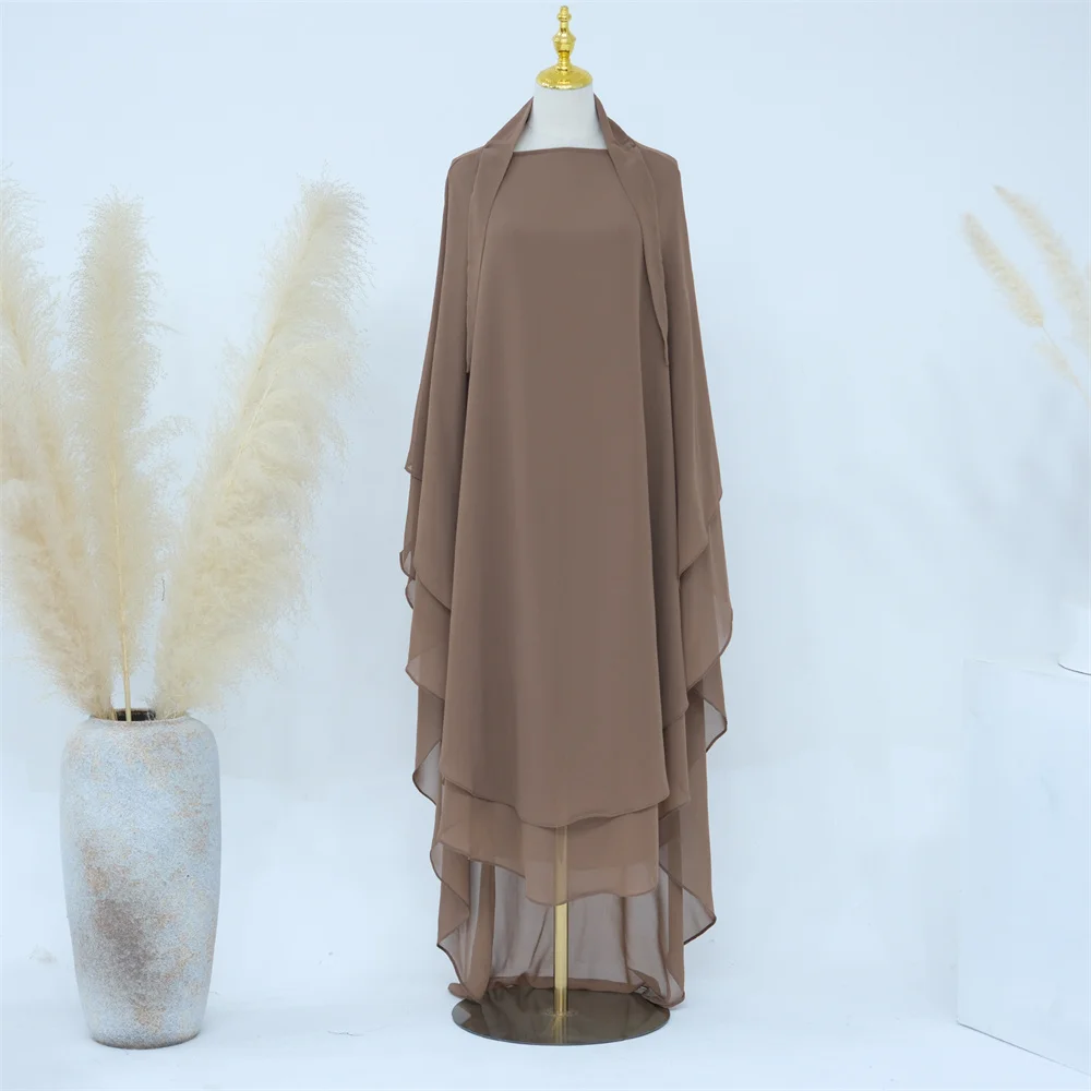 Eid Hooded Prayer Garment Abaya 2 Layer Chiffon Long Khimar Ramadan Muslim Hijab Turkey Modest Islamic Clothing Niqab Arab Dress