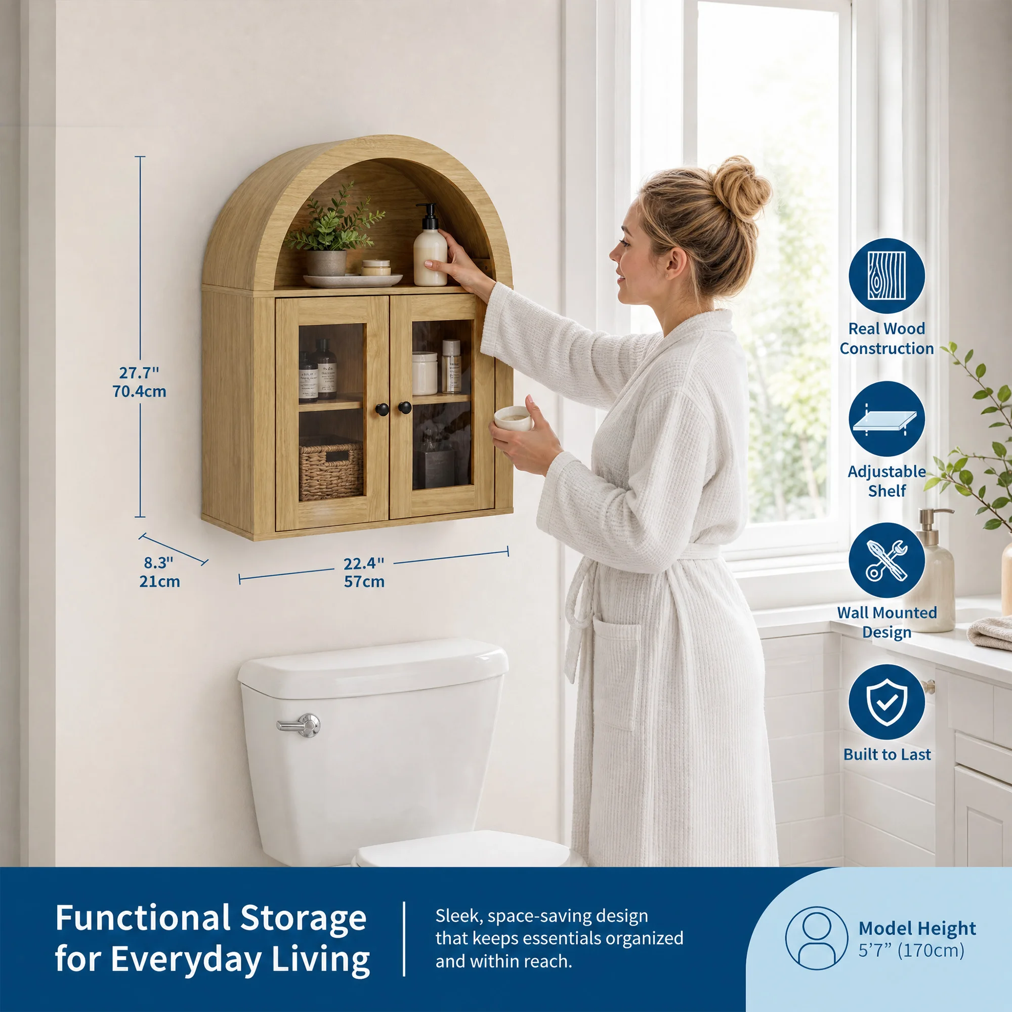 Arched Bathroom Wall Cabinet, Over Toilet Storage Cabinet, Glass Doors | 22''W Bathroom Storage Cabinet and Medicine Cabinet for Toiletries