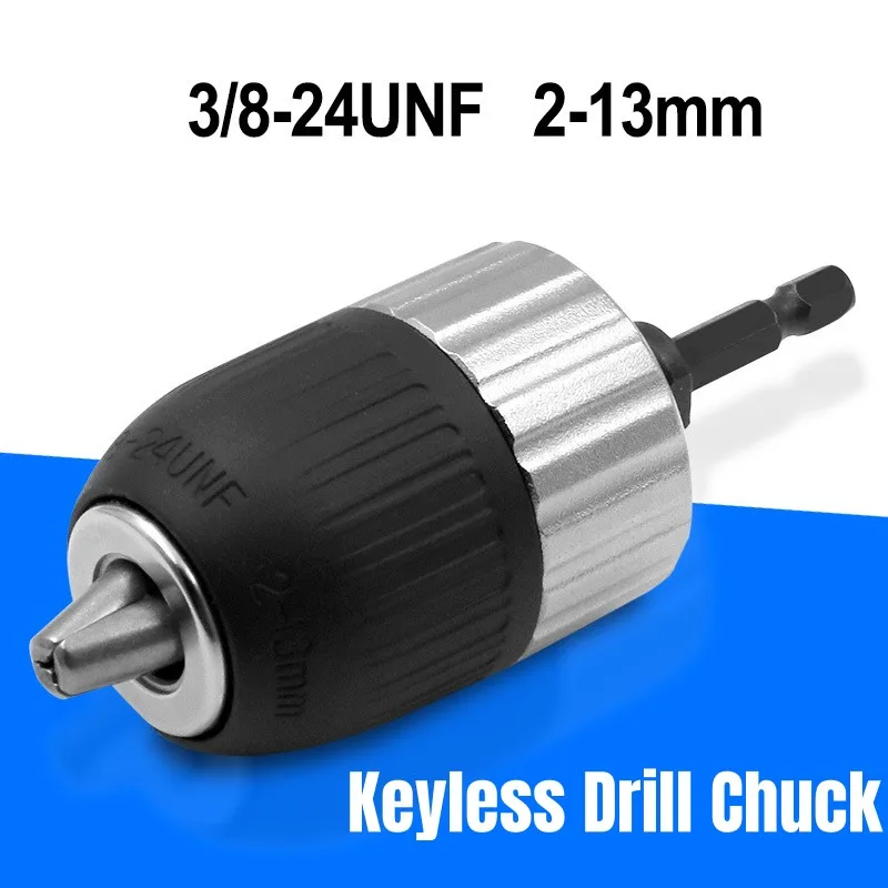 2-13mm Electric Drill Chuck Keyless Self-locking 3/8-24UNF Driver Tool Accessories Keyless 3 Jaw Adapter Impact Hex Shank