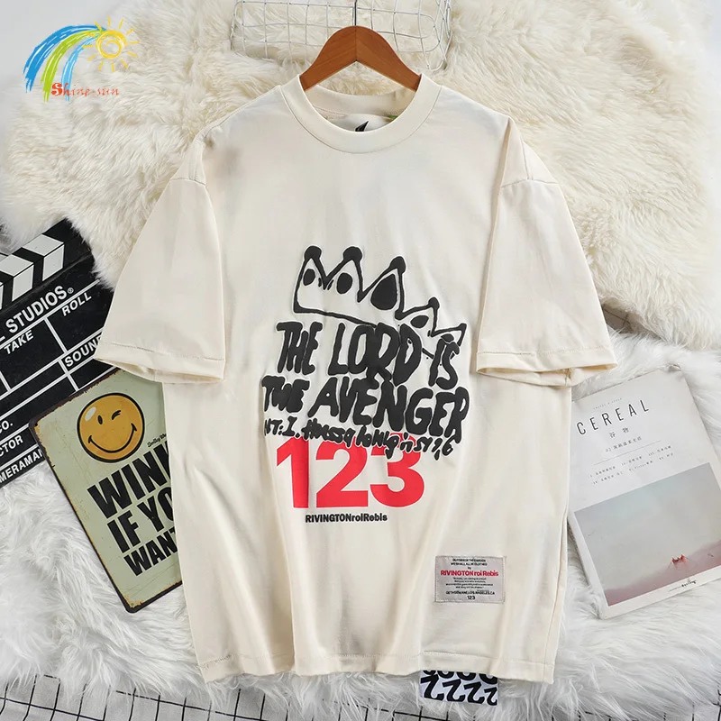 24SS Crown Letter Foam Print RRR123 T-Shirt Men Women Best Quality Oversized Tee Tops Black Apricot Casual T Shirt Inside Tags