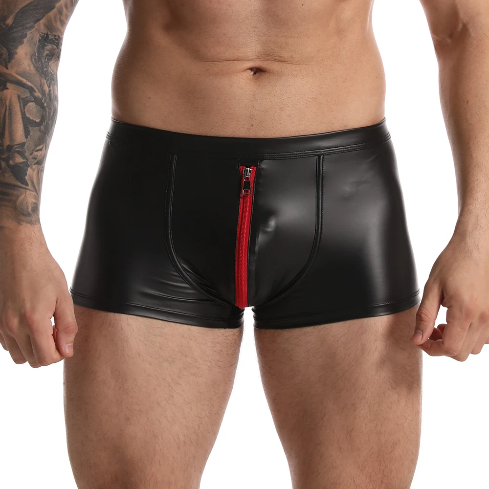 Zipper Boxer Men\'s Panties Sexy Leather Shorts Bulge Pouch Underpants Gay Hot Mens Underwear Soft Slip Briefs Male Causal Wear