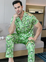 Two piece sets men's sleepwear summer short sleeved pants with green leaf panda pattern printed home clothes sleepwear set