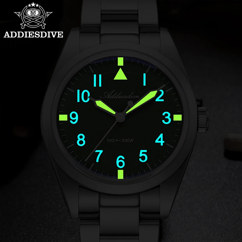 ADDIESDIVE 36mm Watch For Men VH31 Movement Titanium Alloy 10Bar Waterproof Luminous Bubble Mirror Glass Quartz Watches AD2502
