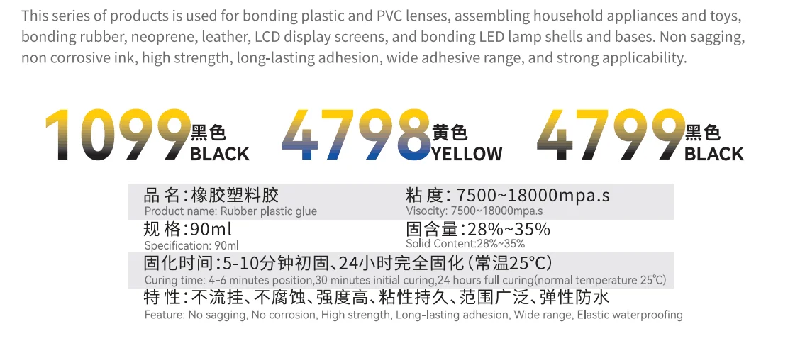 90ml Pegamento Especial Plástico Fuerte Goma Negra 1099 4798 4799 para Lentes de PVC Montaje de Tiras de Sellado de Coches Electrodomésticos EPDM Metal