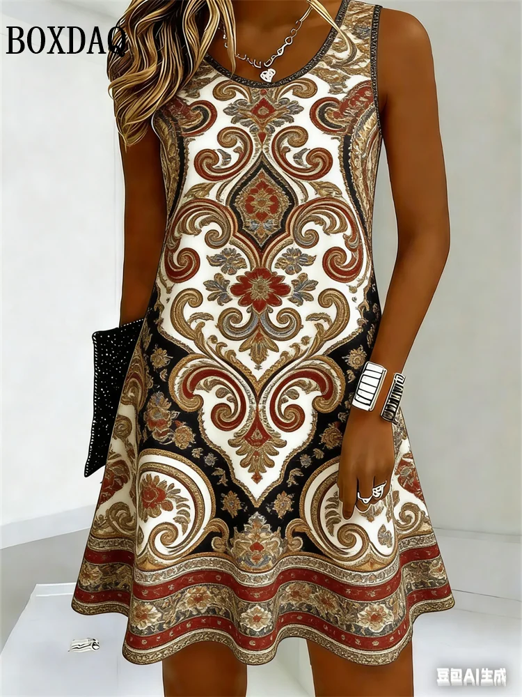 

Винтажное этническое платье с цветочным принтом для женщин, лето 2026, с круглым вырезом, без рукавов, свободное, повседневное, в богемном стиле, с принтом, сарафан