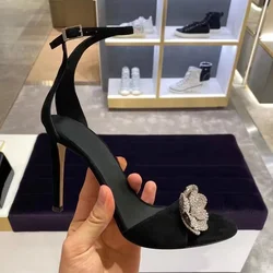 French rhinestone buckle sandals, women's summer slim heels, sexy open toe black, versatile temperament, socialite high heels