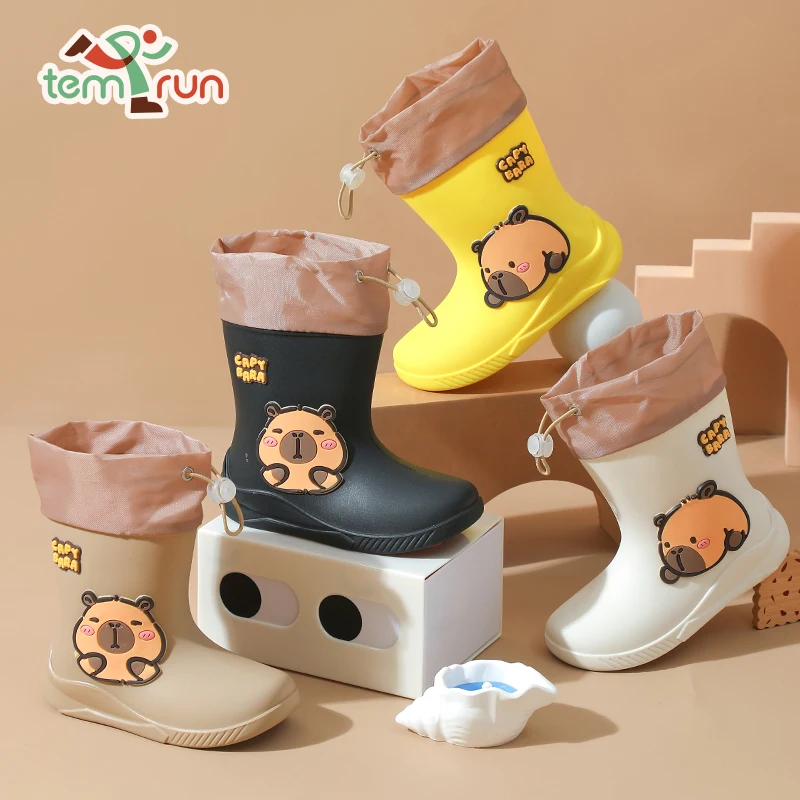 Children's Rain Boots Cartoon Capybara Pattern Rubber Rain Shoes For Girls Boys Anti-Slip Elastic Band For Students