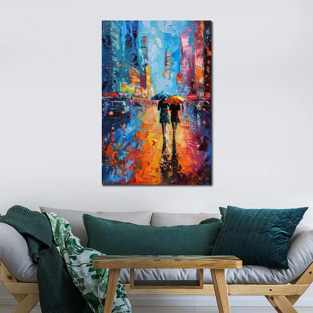 Textured Abstract Canvas Art Skyline Large Modern Living Room Decor Hand Painted Oil Painting City Street Landscape Artwork Gift